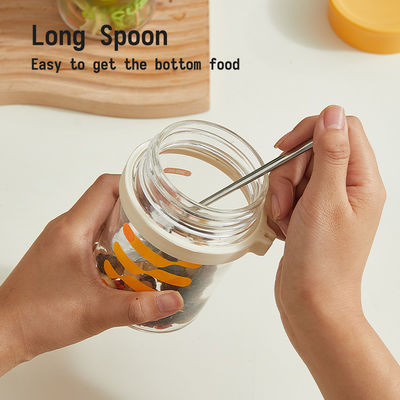 Versatile Long Spoon Reusable Overnight Oats Jar Leak Proof Wide Mouth